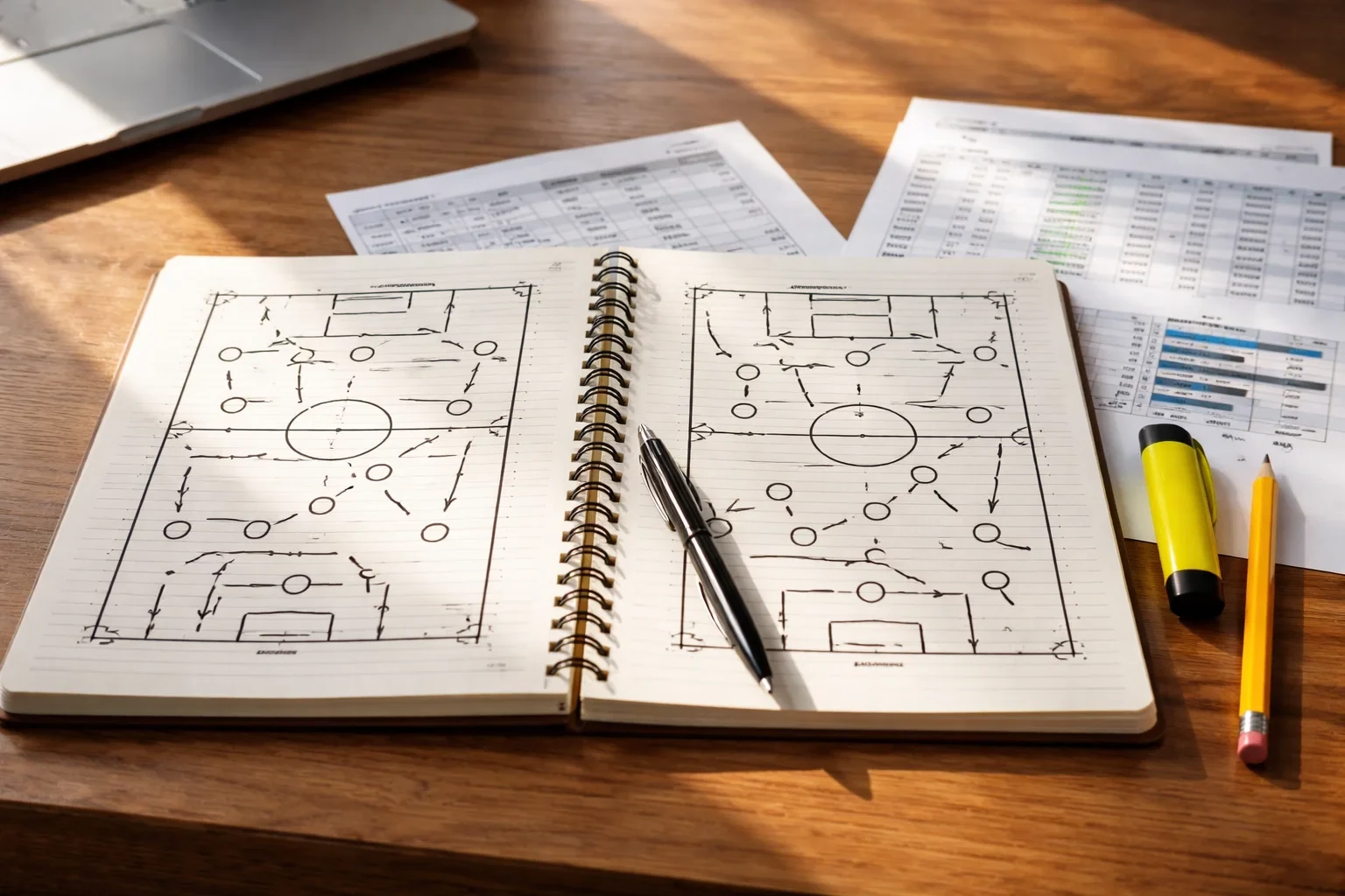 Quaderno con appunti tattici di calcio e statistiche