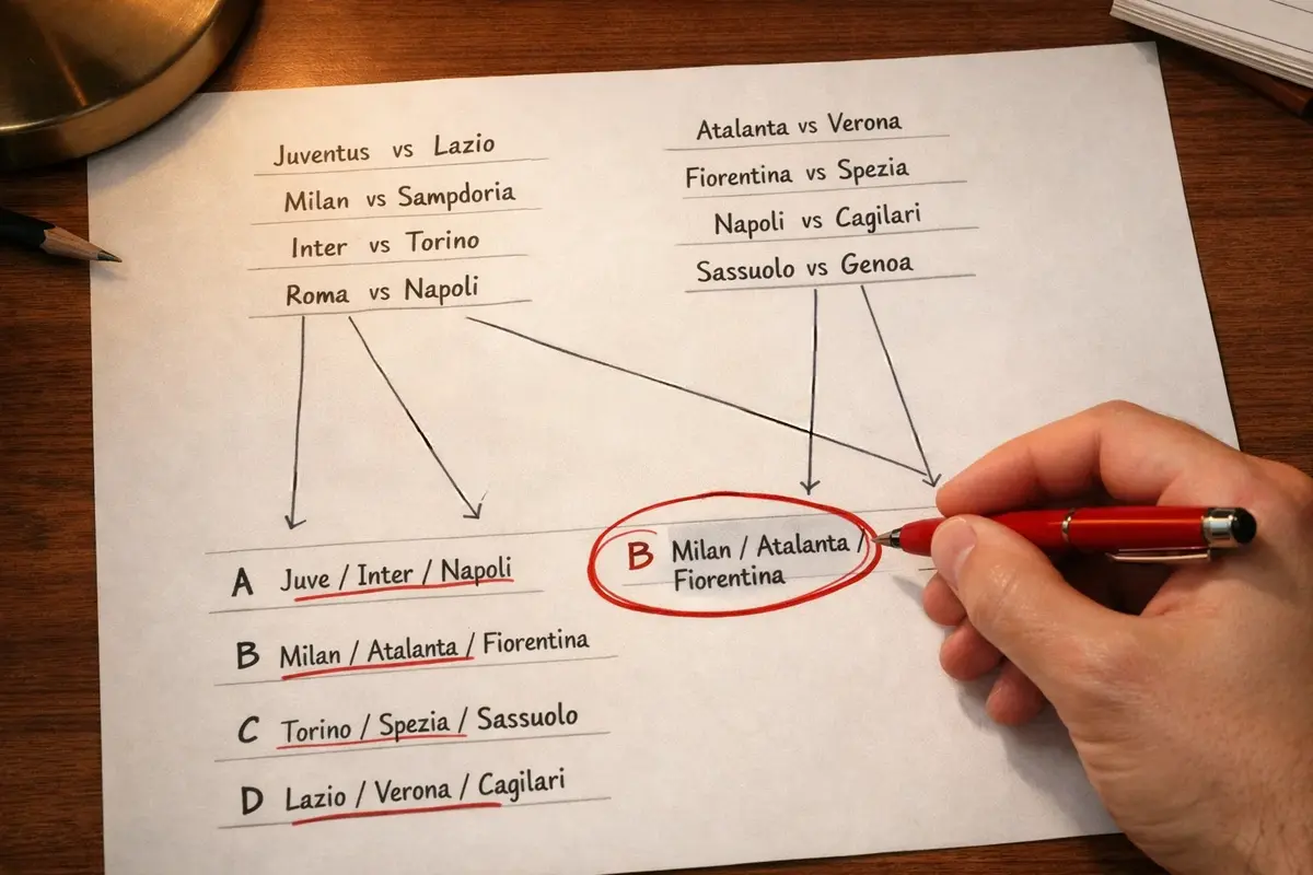 Foglio con combinazioni di scommesse sul calcio e linee che collegano i pronostici corretti nel sistema a correzione d'errore