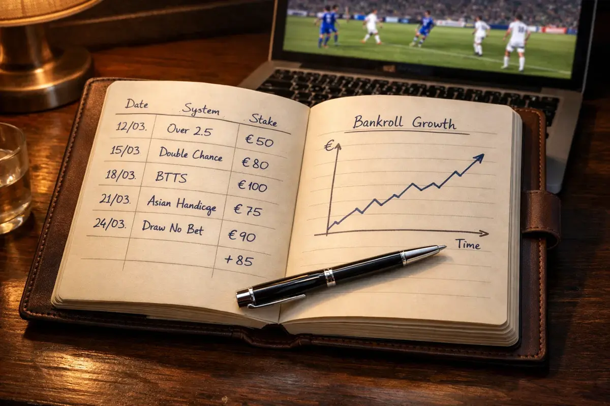 Quaderno aperto con registro di giocate e calcoli di bankroll per scommesse sul calcio accanto a una penna