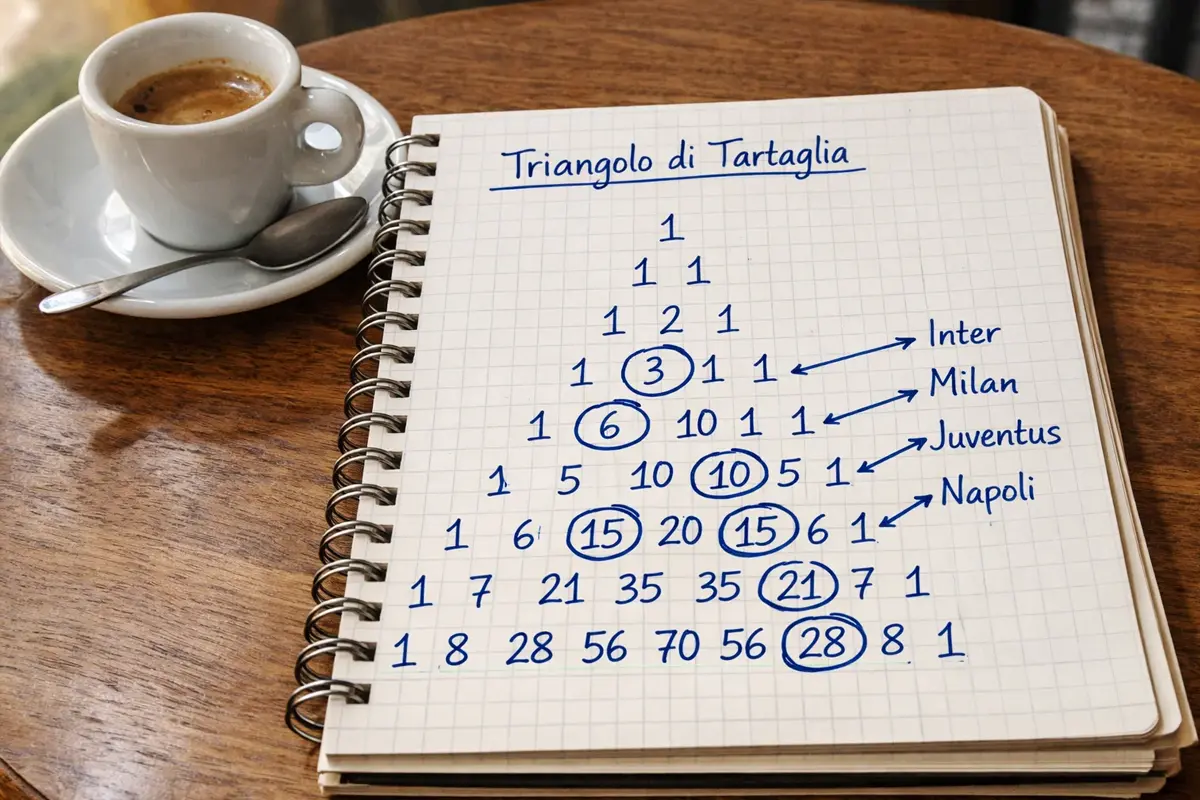 Pagina di quaderno con il Triangolo di Tartaglia disegnato a mano e appunti su partite di calcio per il metodo Masaniello