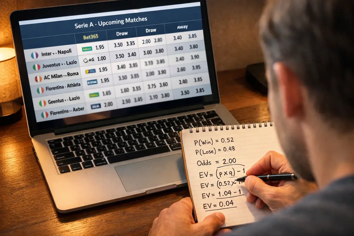 Schermo di computer con quote di scommesse sul calcio affiancato a un foglio con calcoli di probabilità e valore atteso