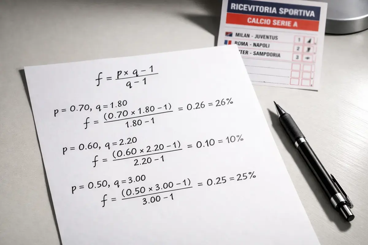 Scrivania con foglio di calcoli della formula di Kelly per scommesse sul calcio e una schedina di Serie A