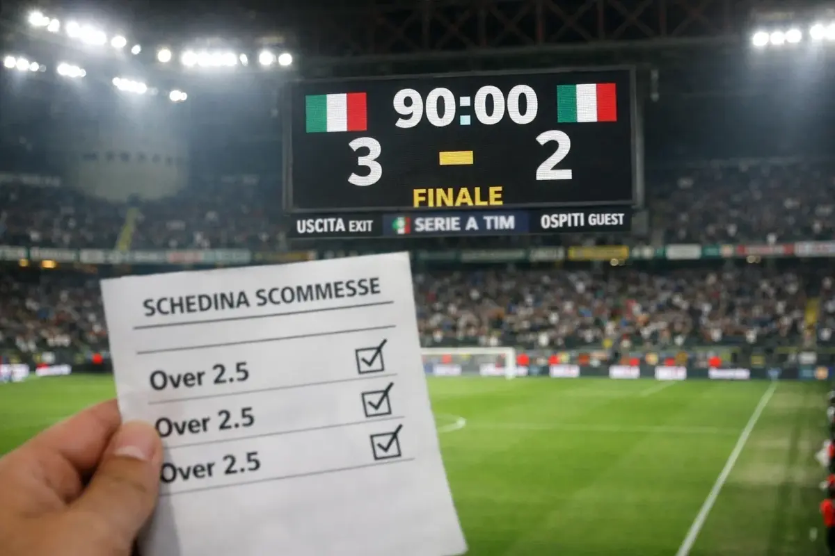 Tabellone di uno stadio di calcio con il risultato di una partita ricca di gol e una schedina over/under in primo piano