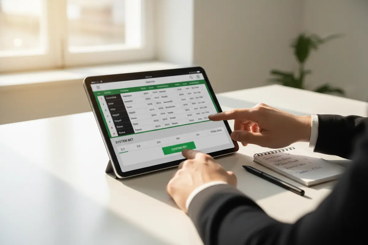 Mani che compilano una schedina di sistema su un tablet con partite di calcio di Serie A sullo schermo