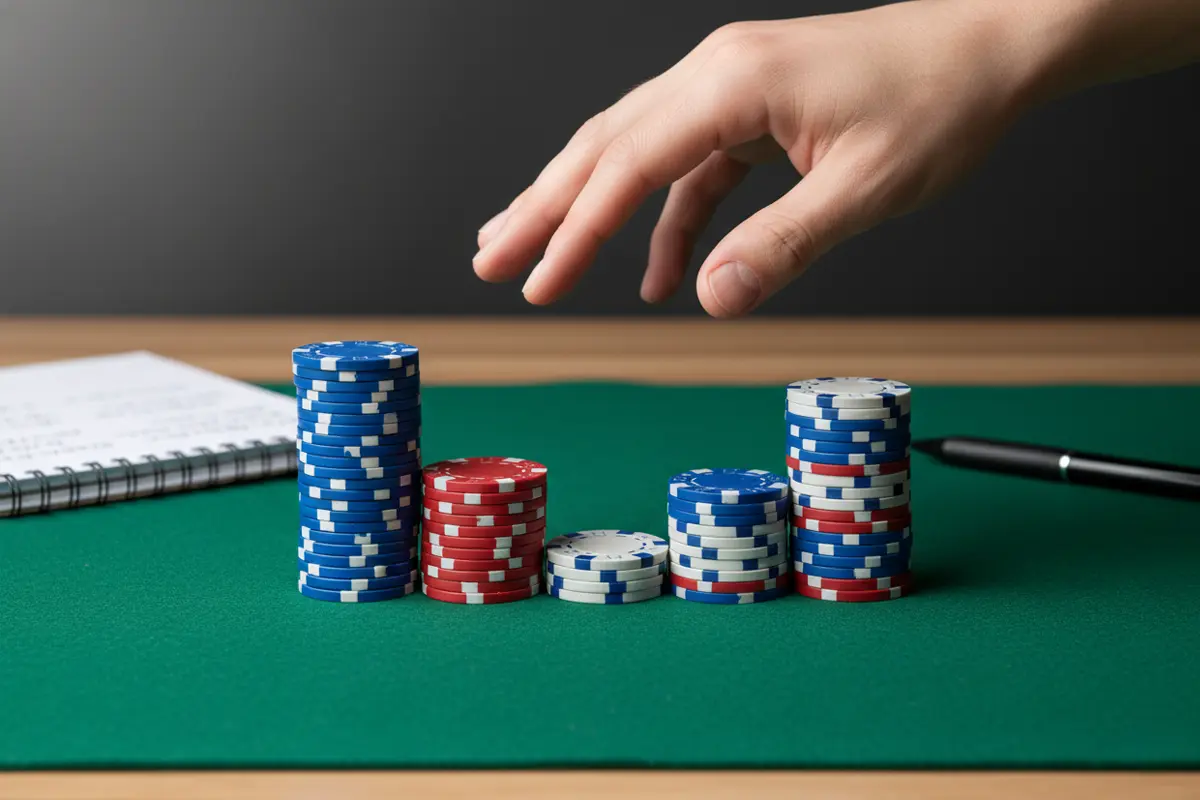 Due pile ordinate di fiches da gioco di diversa altezza su un tavolo verde che rappresentano flat betting e stake variabile