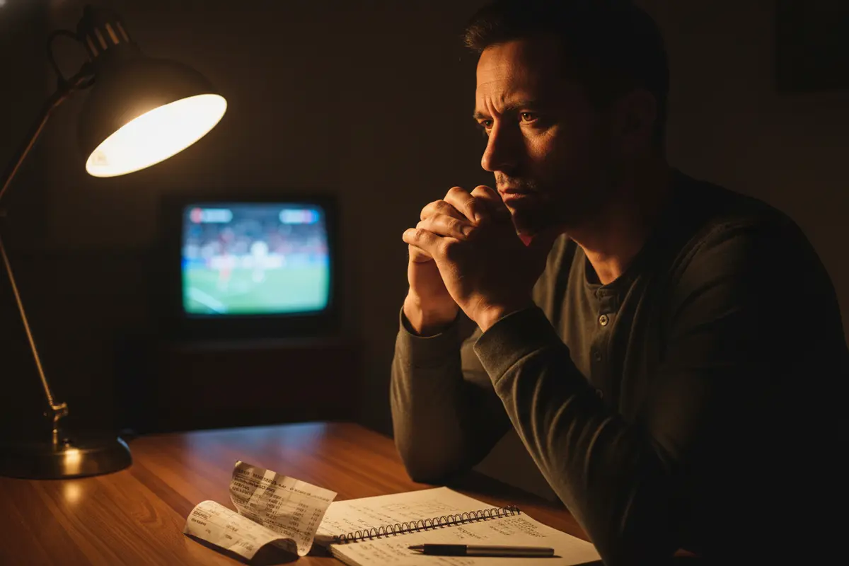 Uomo pensieroso davanti a una schedina di scommesse sul calcio con espressione concentrata e riflessiva