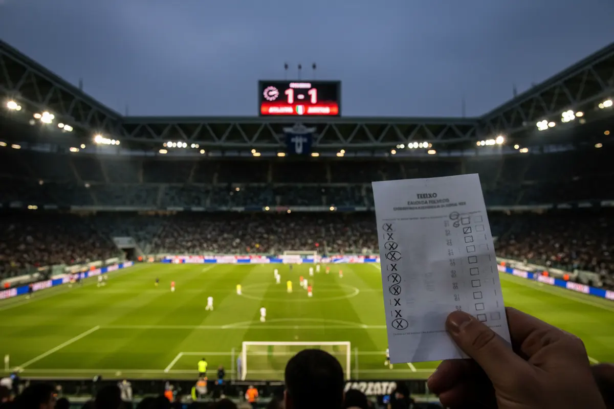 Tabellone di uno stadio di calcio che mostra un risultato di pareggio 1-1 con una schedina scommesse in primo piano
