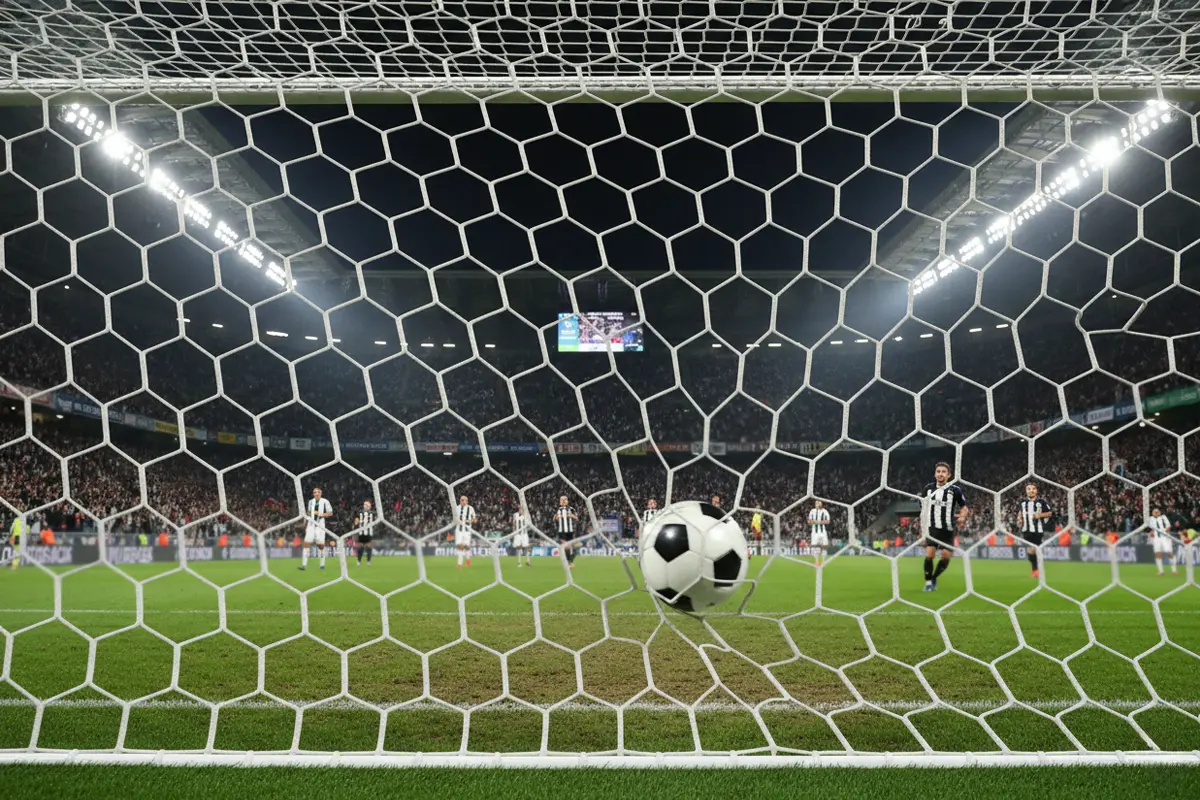 Rete di una porta da calcio vista da dietro con il pallone che entra e uno stadio pieno sullo sfondo