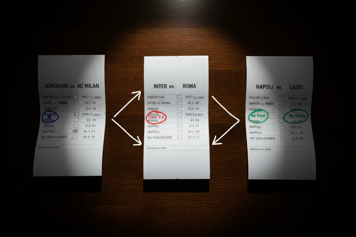 Tre schedine di scommesse affiancate su un tavolo con le scritte X, Over e No Goal cerchiate a penna
