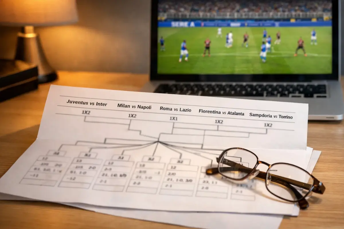 Tavolo da scommesse con sei partite di calcio e le 57 combinazioni del sistema Heinz