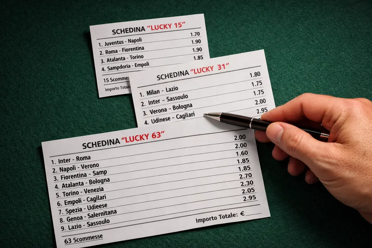 Mano che compila una schedina con partite di calcio e schema dei sistemi Lucky per scommesse sportive