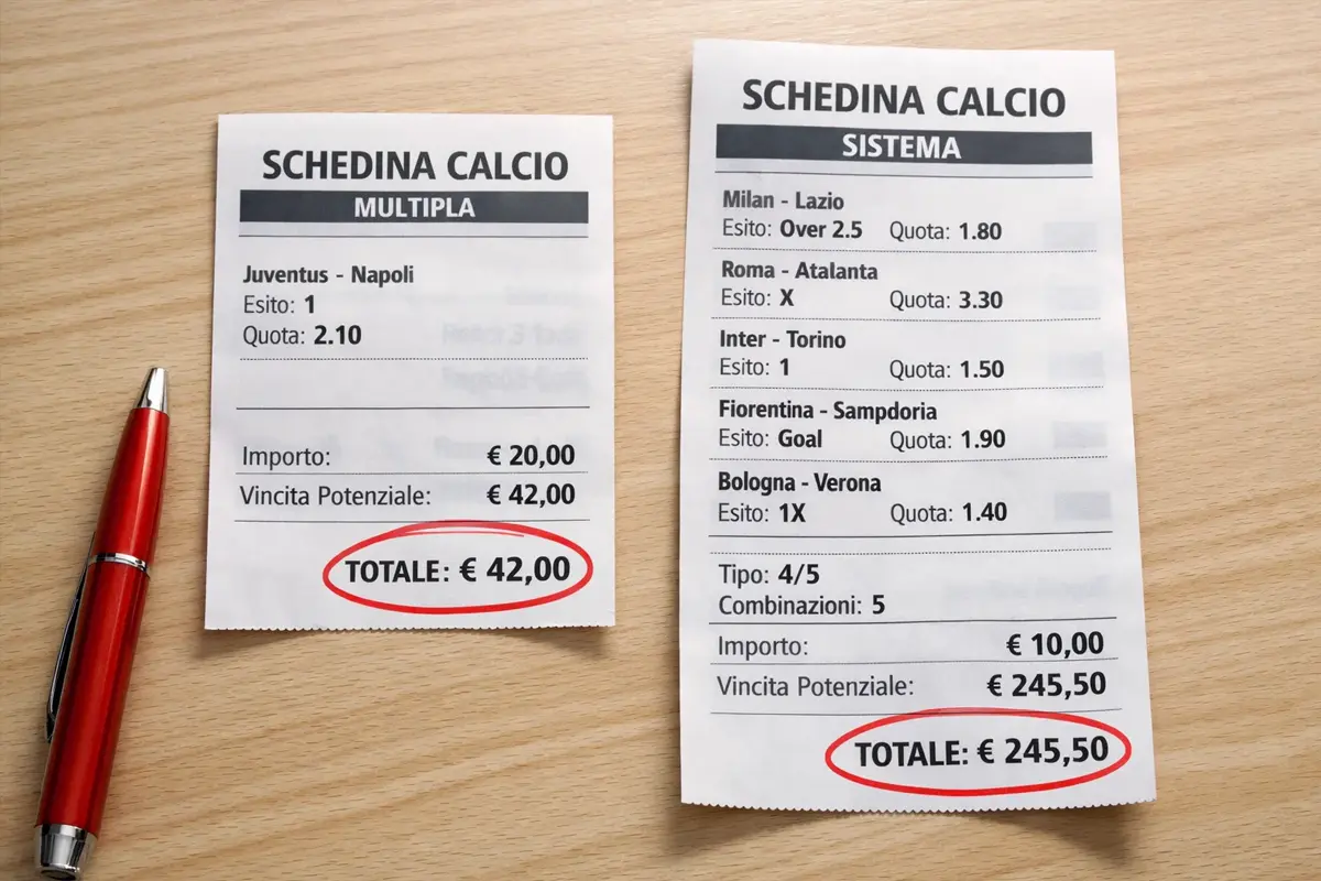 Due schedine di scommesse sul calcio affiancate che mostrano la differenza tra multipla e sistema
