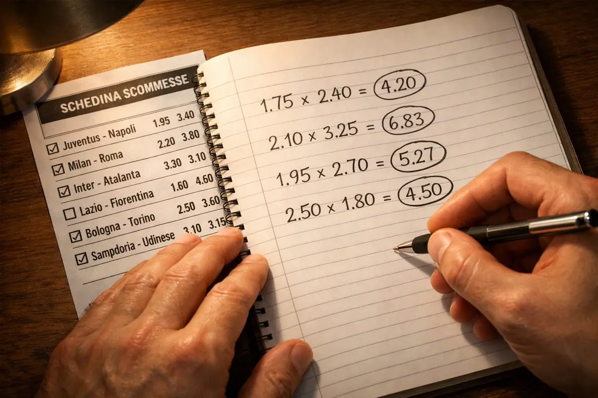 Persona che calcola su un foglio le vincite di un sistema scommesse con penna e appunti sulle partite di calcio