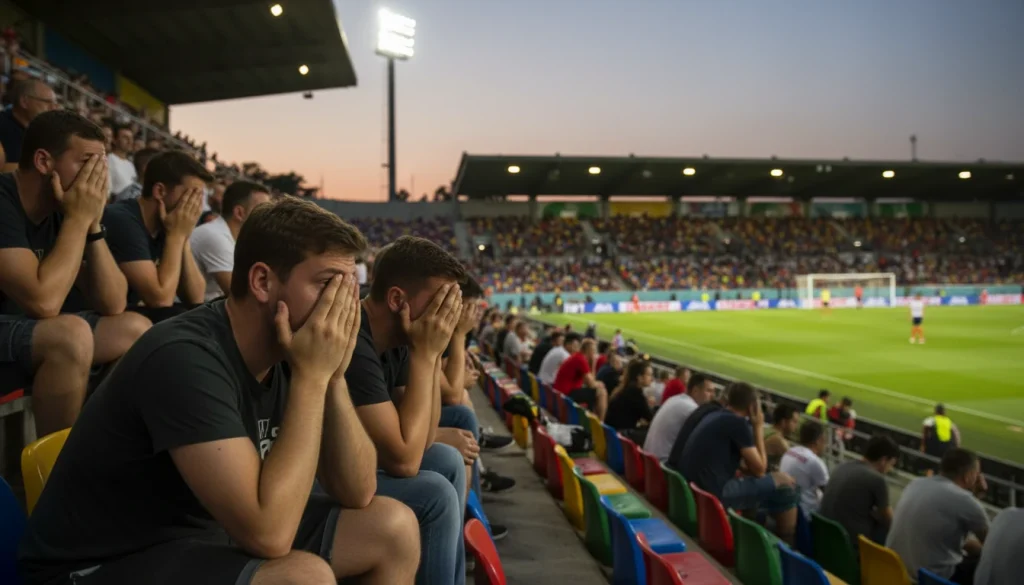 Tifosi delusi sugli spalti di uno stadio di calcio