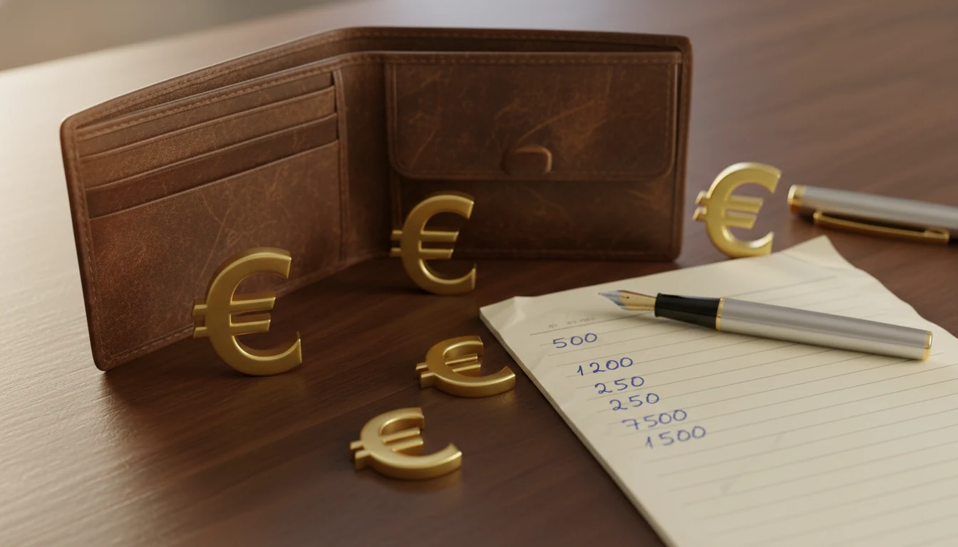 Portafoglio aperto con simboli euro su sfondo scrivania