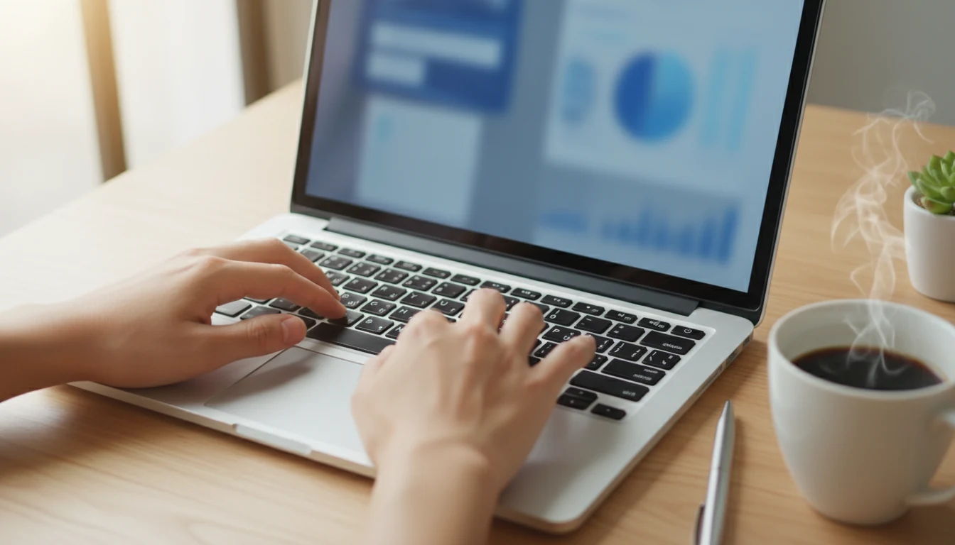 Mani che digitano su tastiera di laptop con schermo illuminato