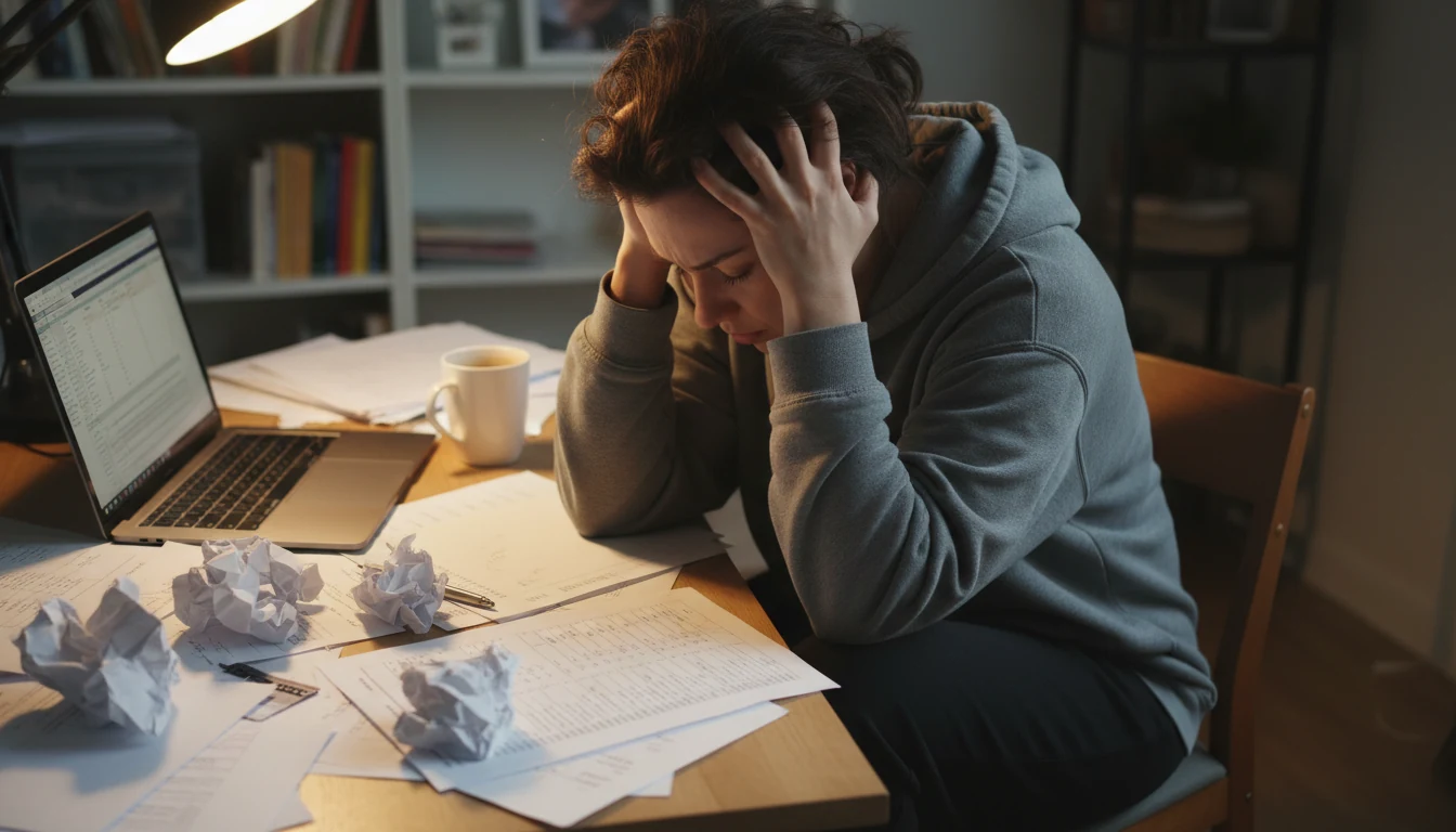Persona stressata con mani sulla testa davanti a documenti