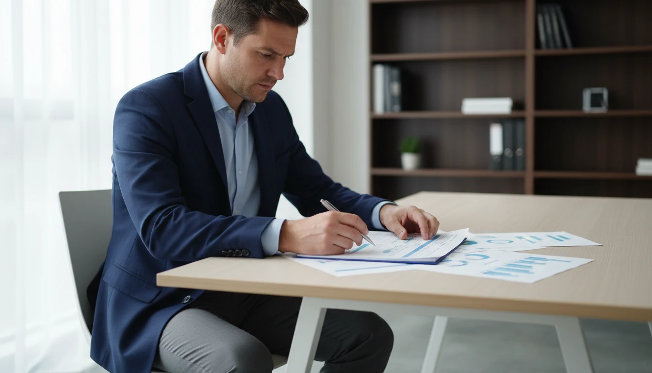 Professionista che studia documenti con grafici e tabelle