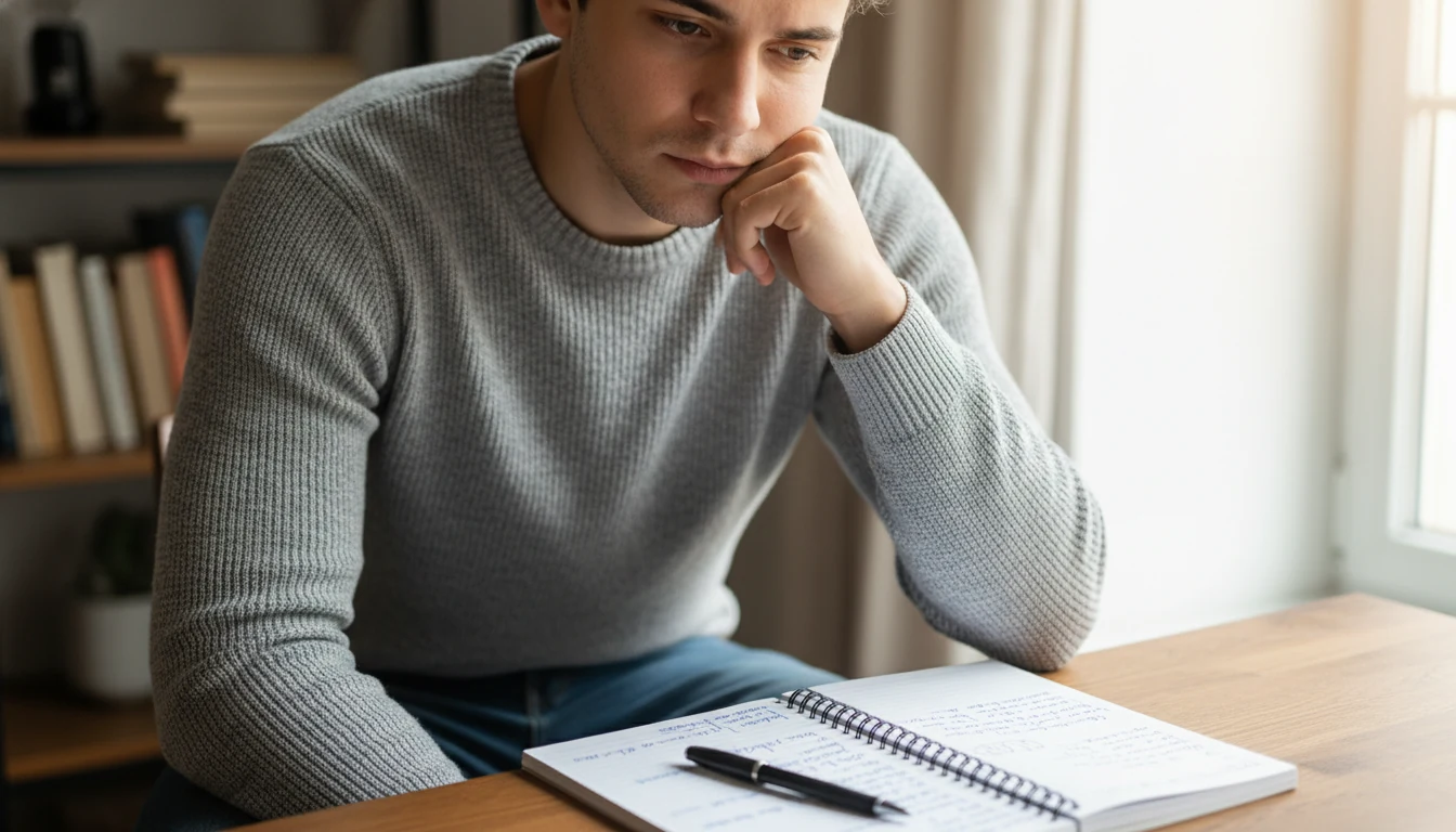 Persona pensierosa seduta alla scrivania con appunti