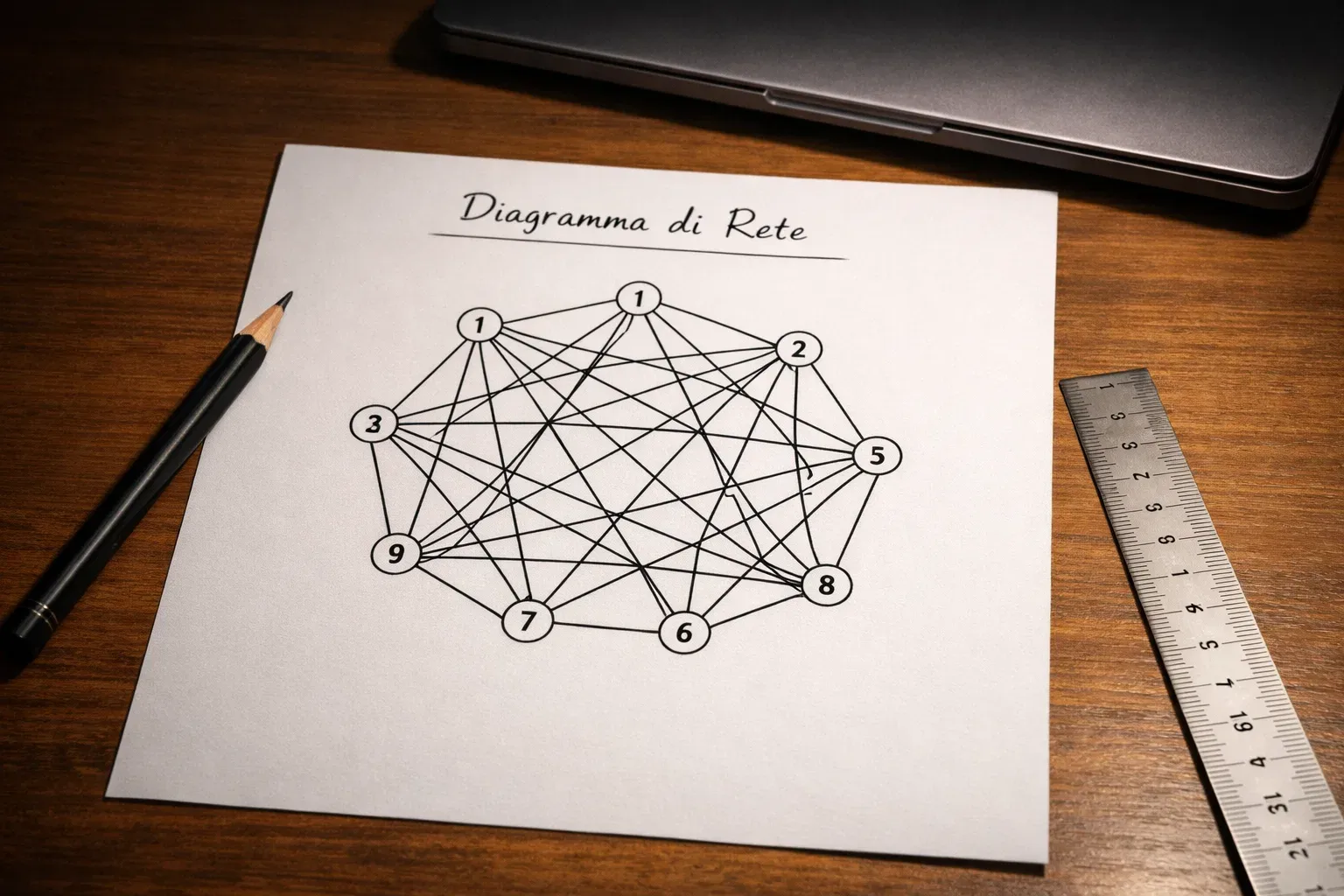 Struttura a rete con otto punti collegati su documento tecnico