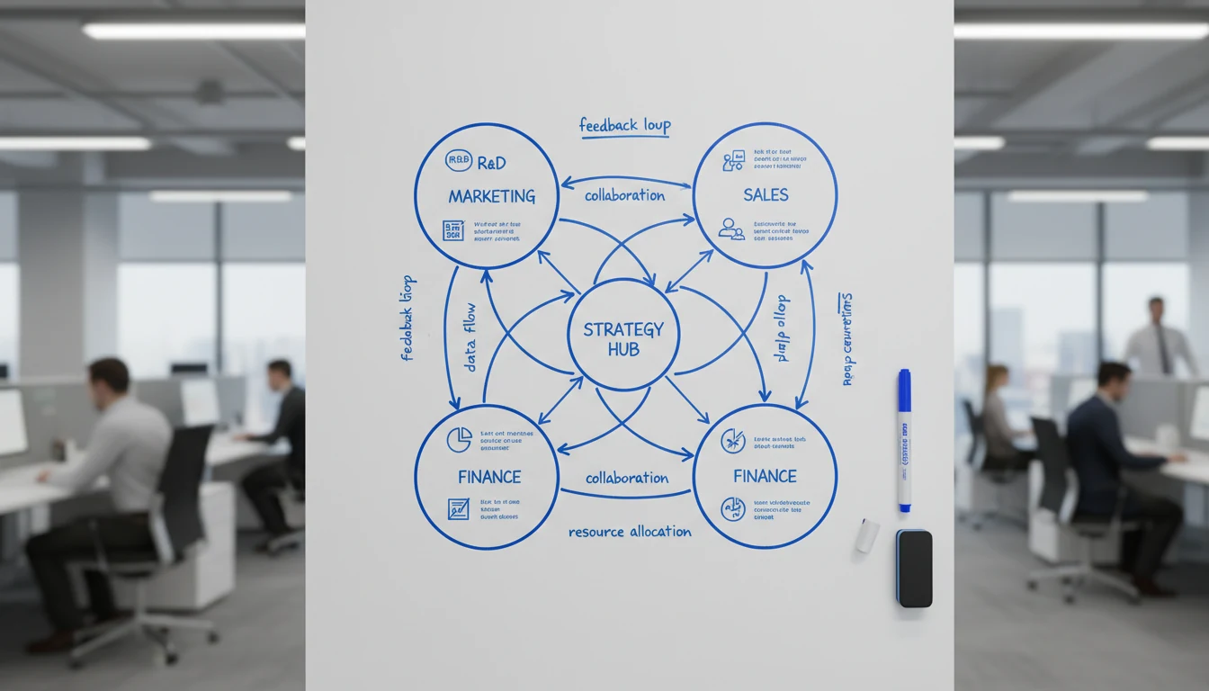 Diagramma complesso con sei nodi interconnessi su lavagna