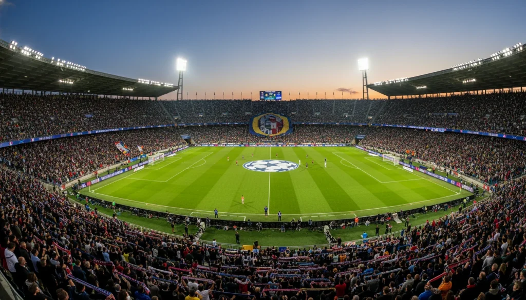 Stadio di calcio pieno durante una partita di Champions League
