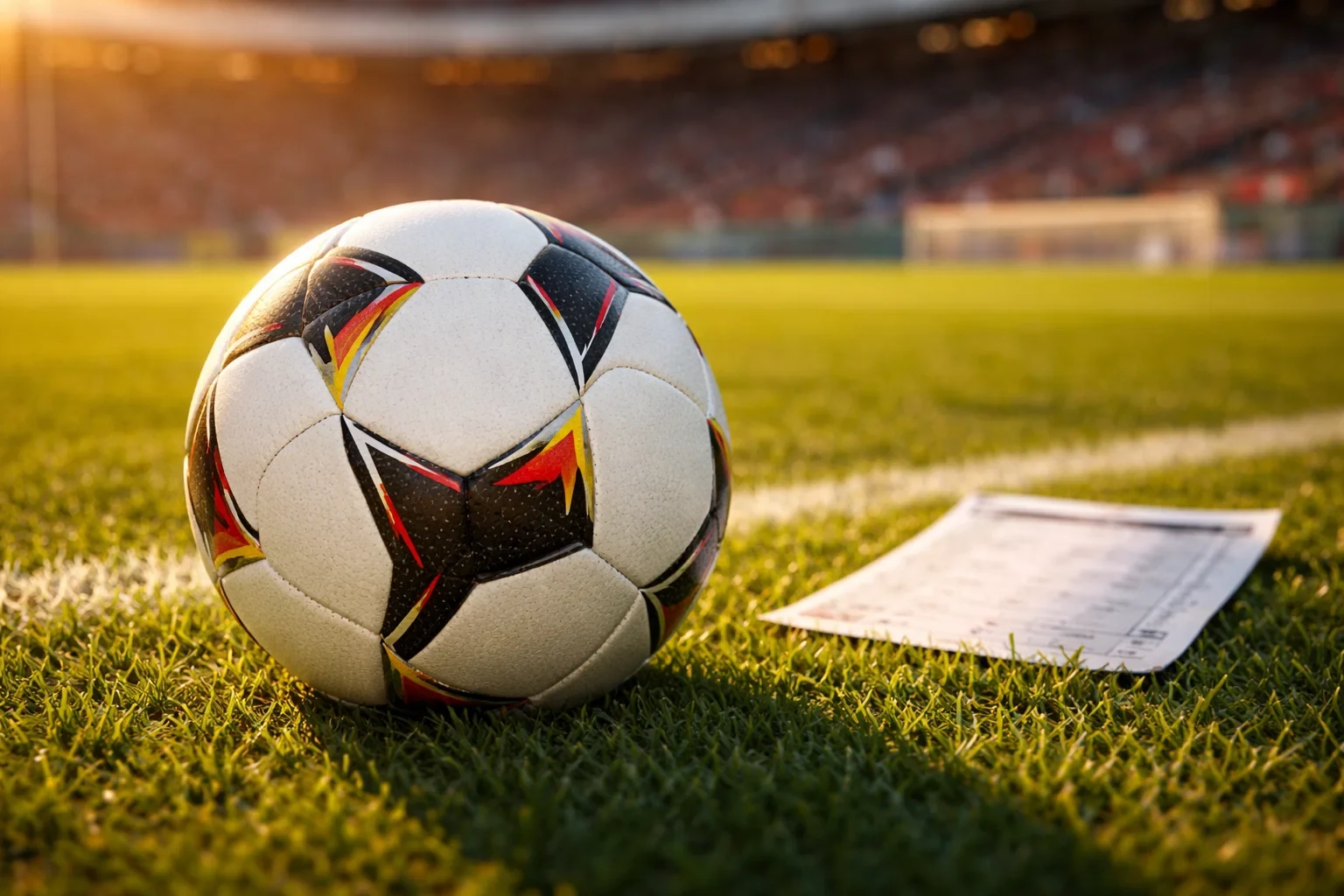 Pallone da calcio su campo verde con schedina di scommesse sfumata sullo sfondo
