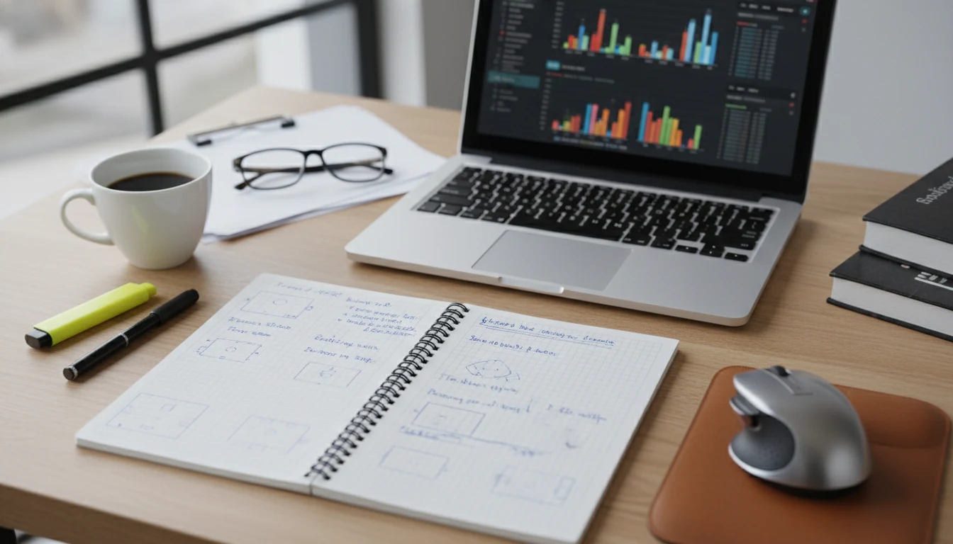 Scrivania professionale con appunti tattici e laptop