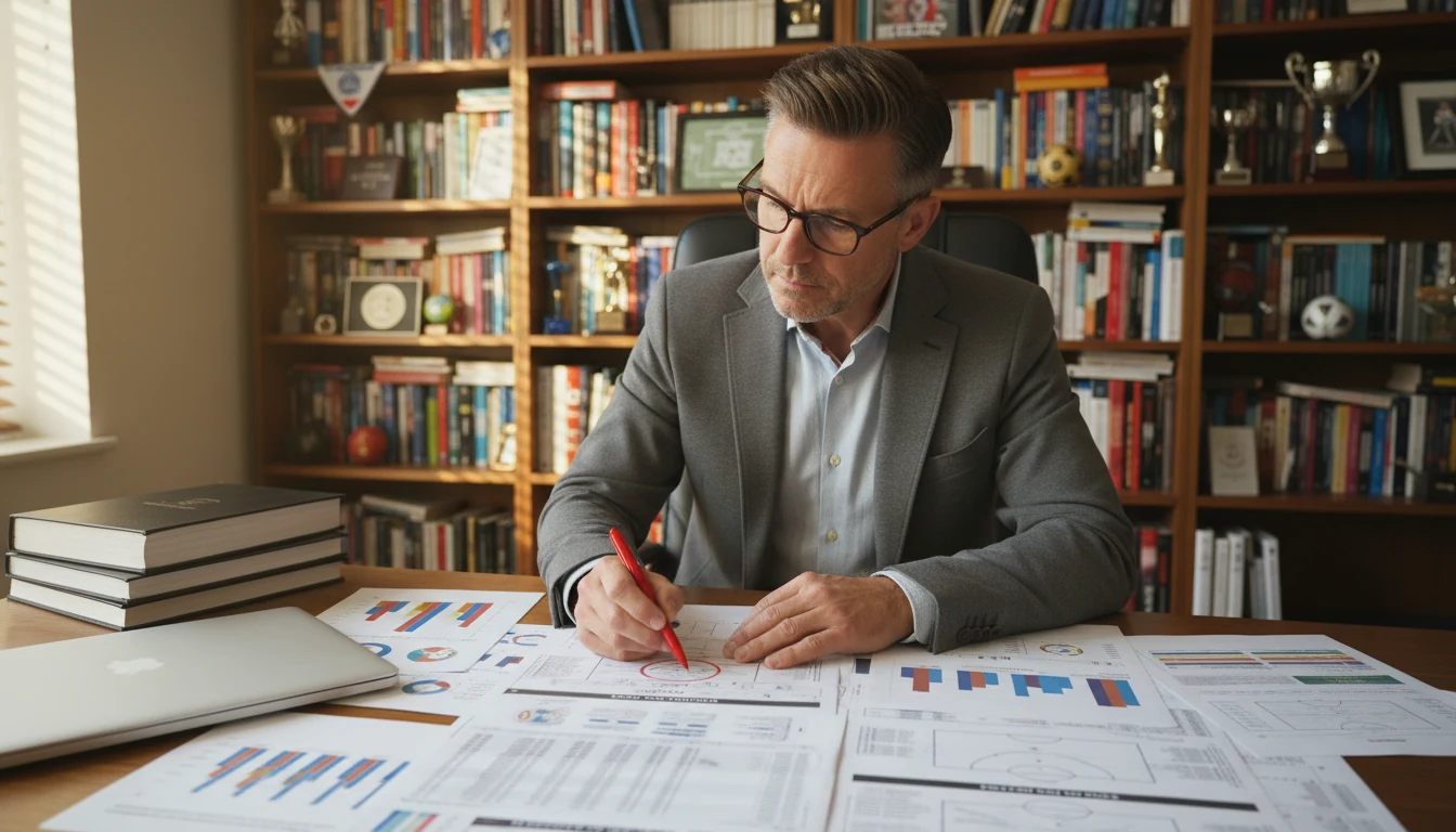 Analista sportivo che studia statistiche delle squadre di calcio su un notebook