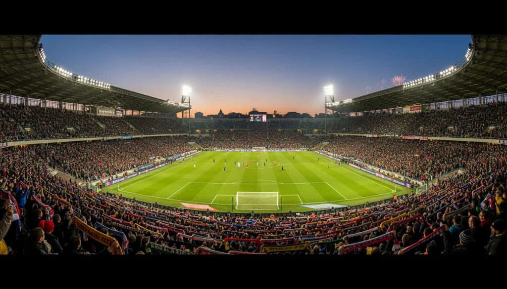 Tifosi allo stadio durante una partita di calcio con il campo illuminato